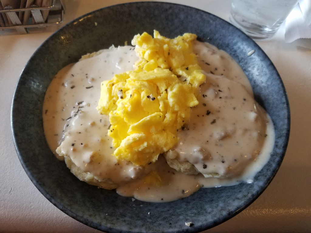 Biscuits and gravy with scrabbled eggs on top at Pig and a Jell Jar, Ogden Utah.