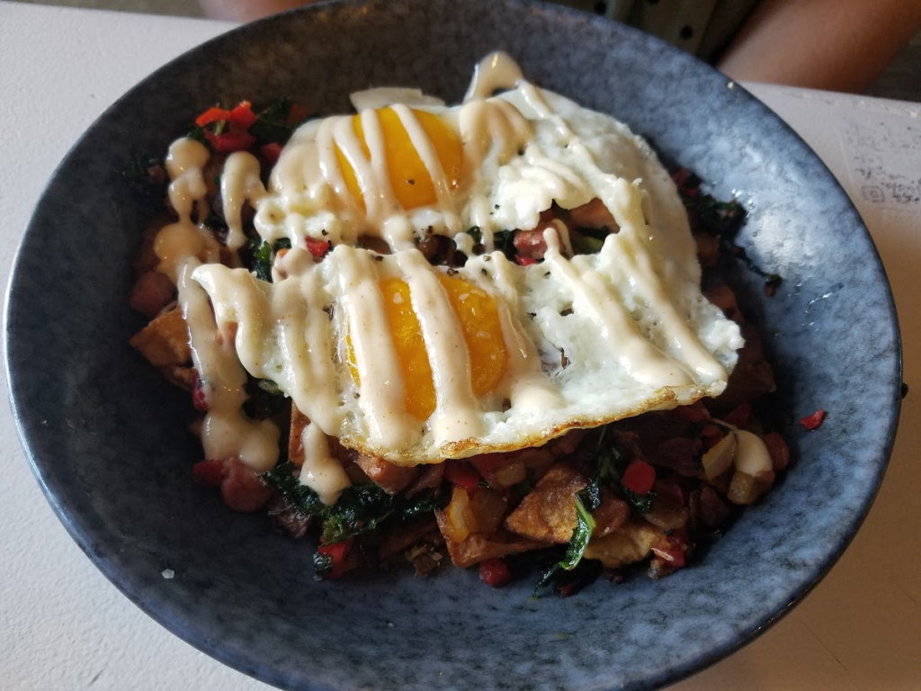 "Ham hash" with ham, peppers, onions, potatoes, bacon and lemon aioli sauce from pig and a jelly jar, Ogden Utah.