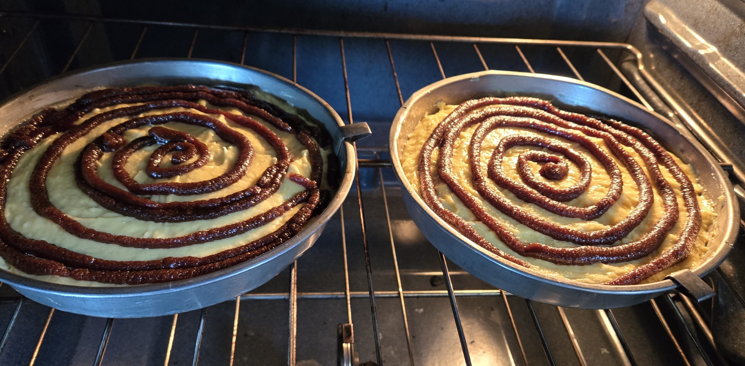 Cinnamon Caramel in a swirl on a cinnamon roll cake batter